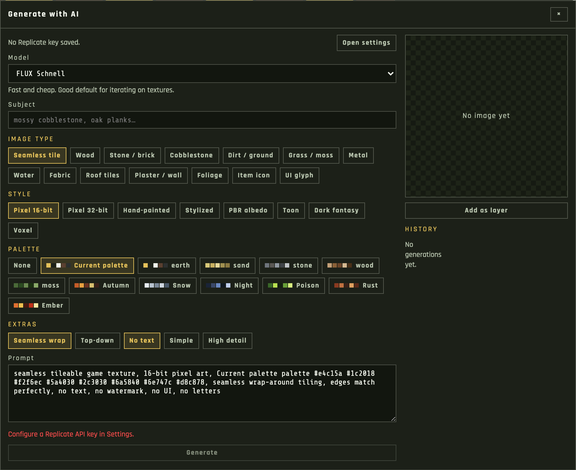 Generate with AI dialog with model, chips, prompt, and history
