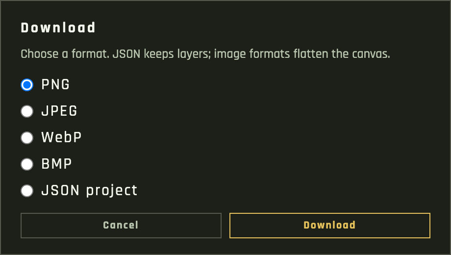 Download modal with PNG JPEG WebP BMP and JSON options