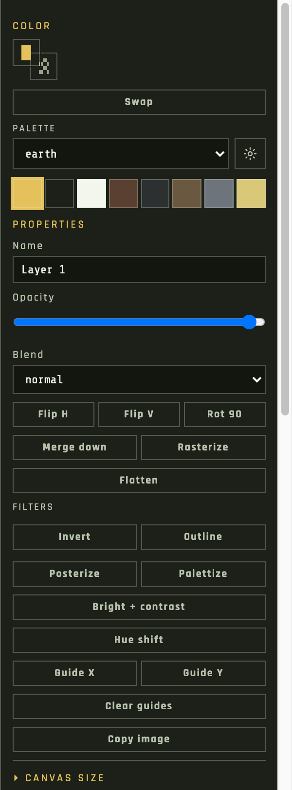 Inspector with color, properties, filters, and canvas size