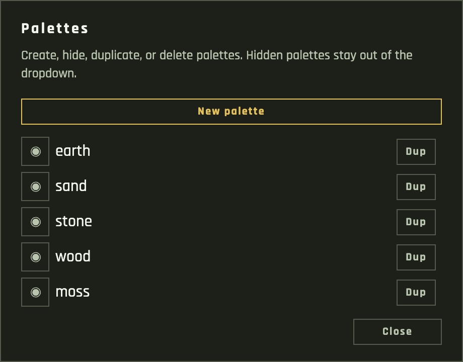 Palettes manager with earth sand stone wood moss