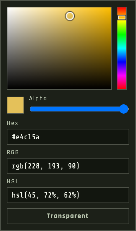 HSV color picker with hex RGB HSL and Transparent