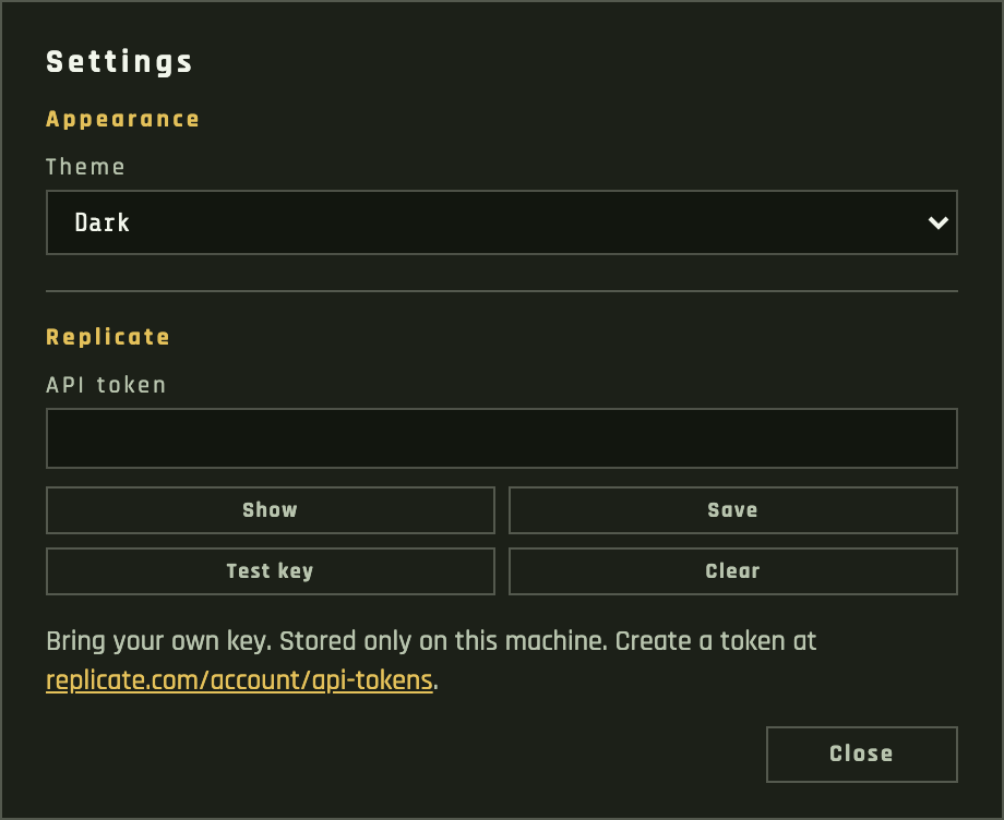 Settings modal with theme dropdown and Replicate API token fields